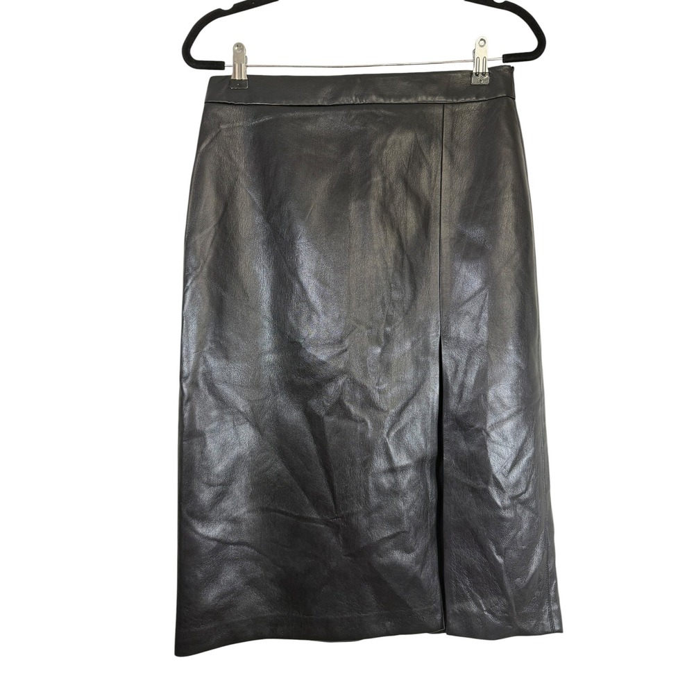 Wilfred Aritzia Black Faux Leather Midi Skirt Front Slit High Waisted Size 8